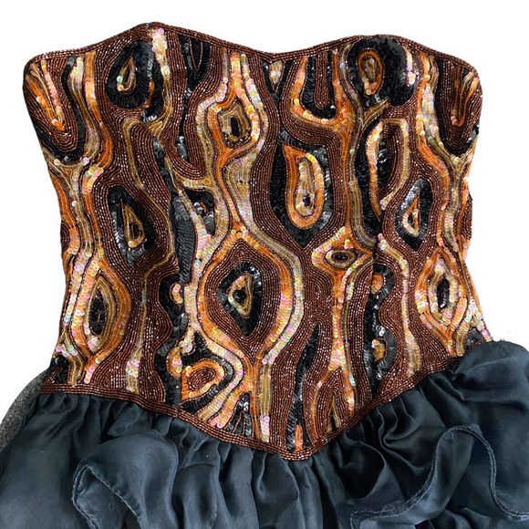 Vintage Strapless Silk Sequin Tiered Party Prom Dress by Scarlet Rage / Medium - Picture 2 of 6